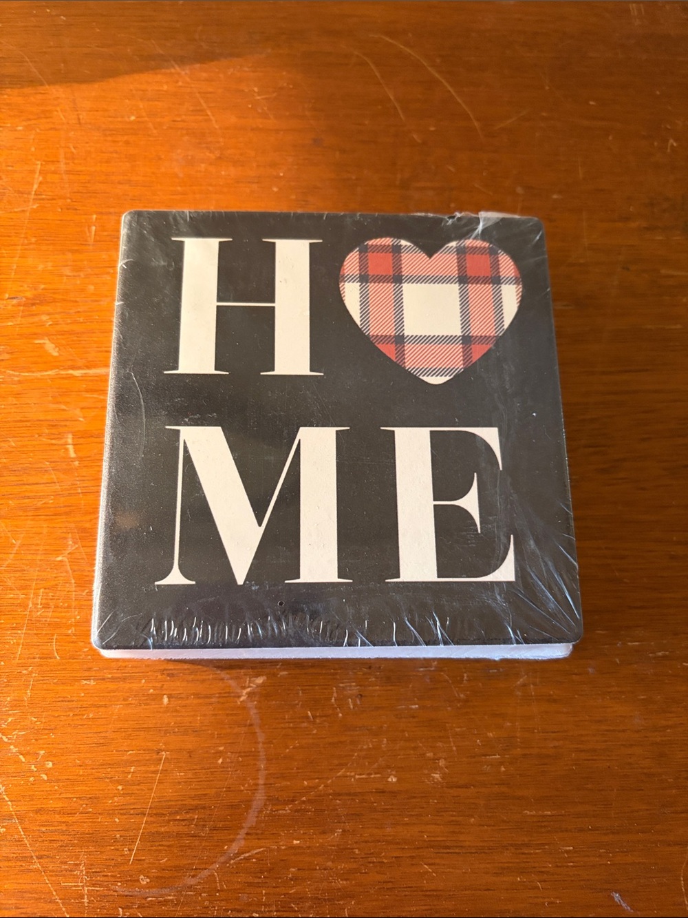 HOME Plaque Coaster with Red Plaid Heart - Home Accents